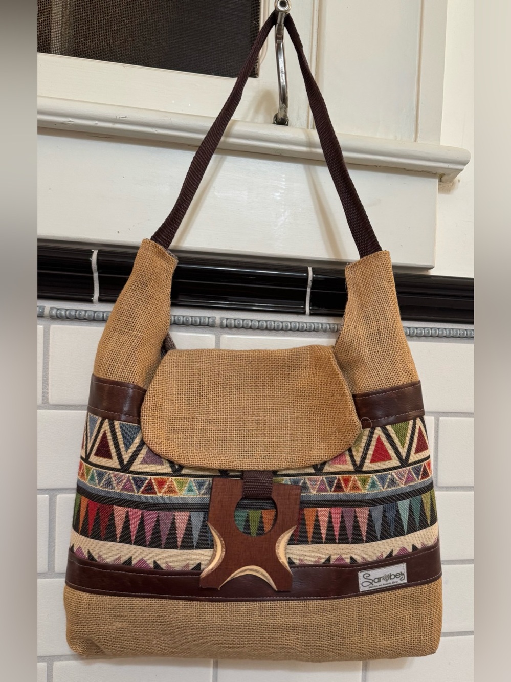 Handwoven Tribal Pattern Shoulder Bag in Tan and Multicolor